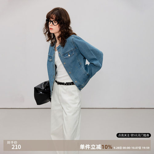 德玛纳机车感圆领牛仔外套