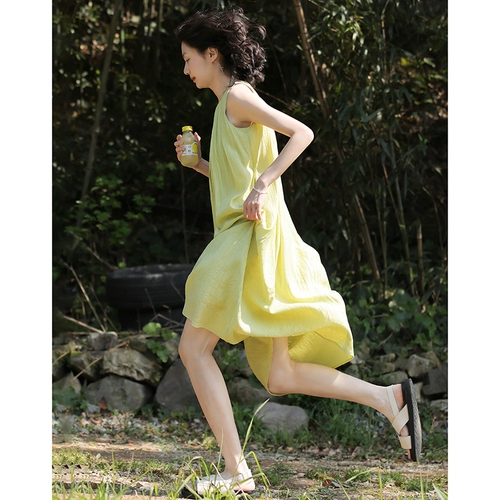 Многоцветное легкое и тонкое летнее платье с рукавами без рукавов для отдыха, длинная юбка, 2023, яркий броский стиль, средней длины