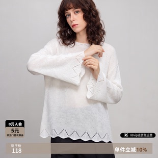 德玛纳气质镂空圆领针织衫女春秋新款慵懒风喇叭袖宽松线衫上衣