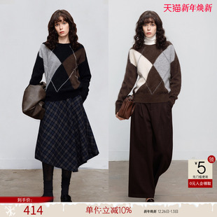 撞色线条气质针织衫 新款 上衣 女25冬季 德玛纳通勤风绵羊毛圆领线衫