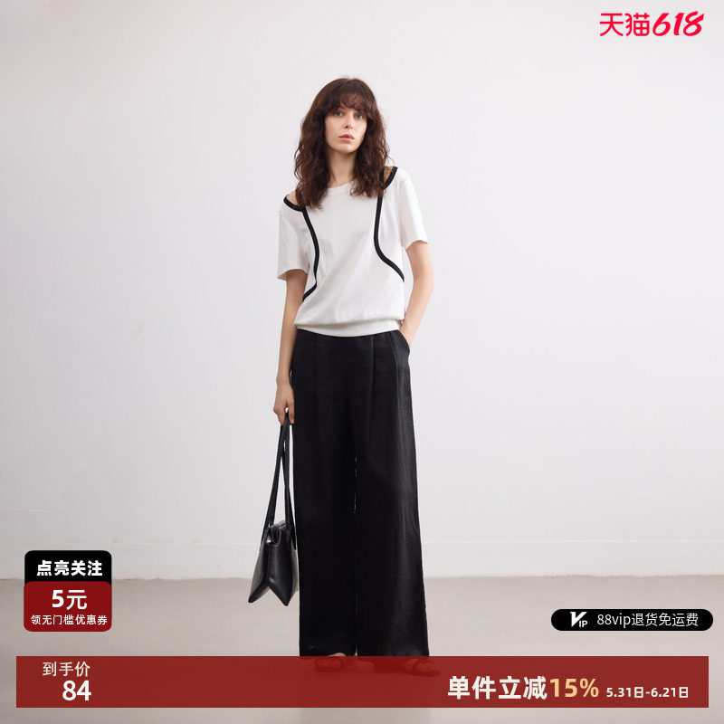 德玛纳纯棉撞色镂空短袖T恤女26夏季新款气质显瘦圆领设计感上衣