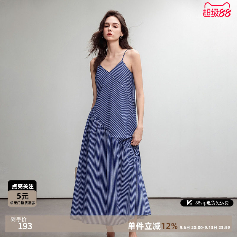 夏季韩系拼接条纹吊带A字连衣裙图片