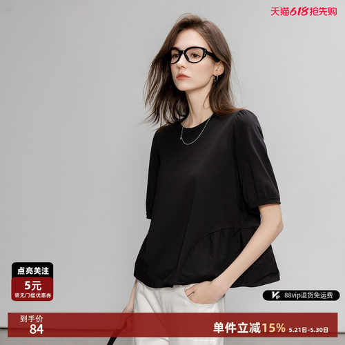 法式纯棉泡泡袖短款T恤女夏