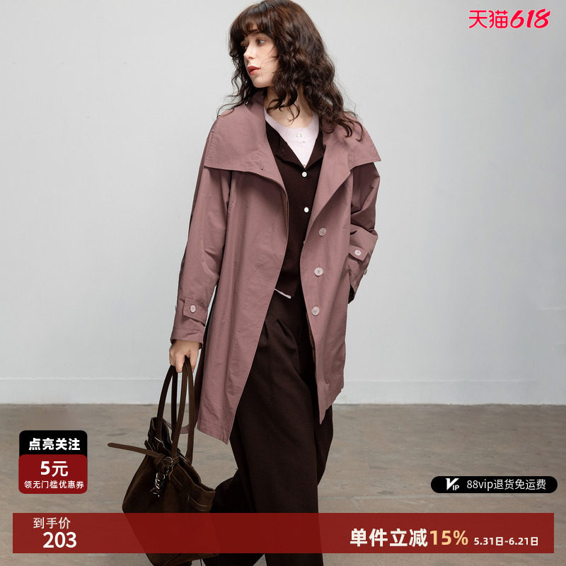 德玛纳莫瑞系翻领风衣外套女春秋新款气质系带单排扣中长款上衣