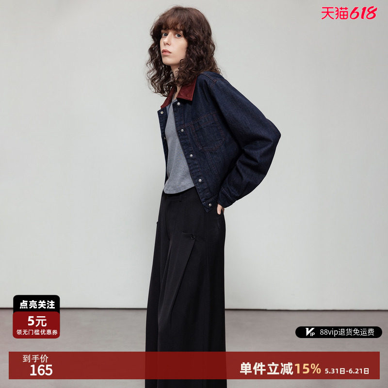 德玛纳复古风麂皮绒翻领牛仔外套女春秋新款四合扣短款夹克上衣
