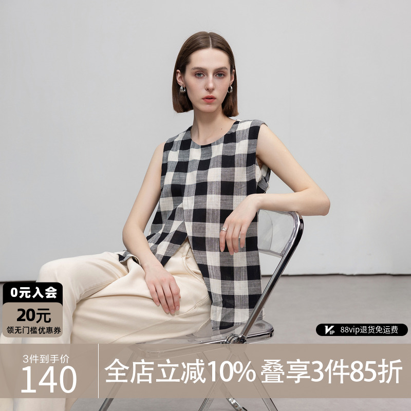 德玛纳复古格纹衬衫女25夏季新款交叉复式圆领无袖小个子衬衣上衣