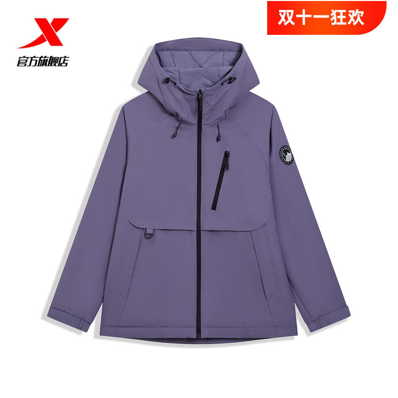 特步户外防风风衣女士2025冬季新品梭织厚外套女加绒冲锋衣登山服
