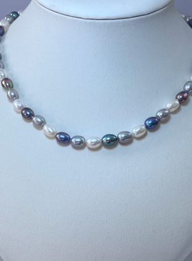 6-7mm天然白色米形无核淡水珍珠项链黑色灰色米形颈饰绕颈款女款