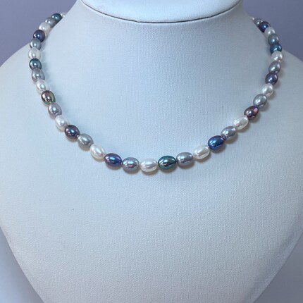 6-7mm天然白色米形无核淡水珍珠项链黑色灰色米形颈饰绕颈款女款