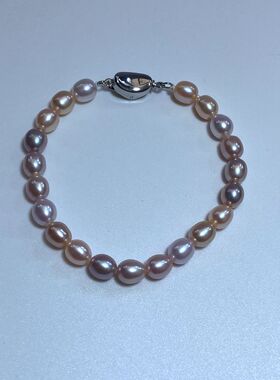 6-7mm天然浅紫色米形无核淡水珍珠手链粉色米粒形状女款糖果色