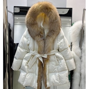 欧货2025冬新款 系带收腰加厚外套 高端皮草狐狸毛领羽绒服女中长款