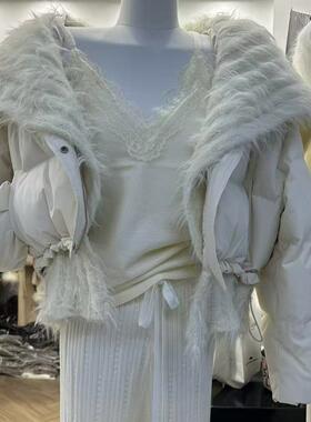 Atu studios初冬恋曲白鸭绒白色羽绒服大翻领拼接假两件针织外套