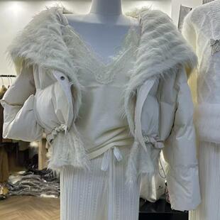 Atu studios初冬恋曲白鸭绒白色羽绒服大翻领拼接假两件针织外套