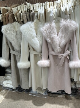 2025秋冬新款100羊毛狐狸毛领高级感气质中长款双面呢大衣外套女