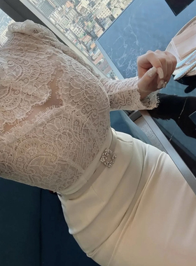 韩系花边蕾丝图案重工肩部设计的显白节日气氛热烈女神降临裙长裙