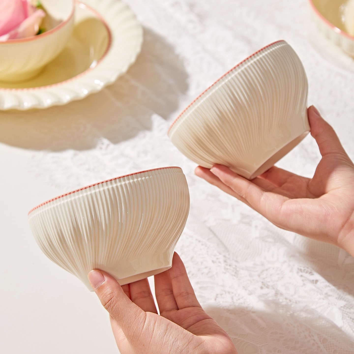 奶油风碗碟餐具米饭碗小碗家用2025新款高颜值汤碗面碗菜盘子粉黛