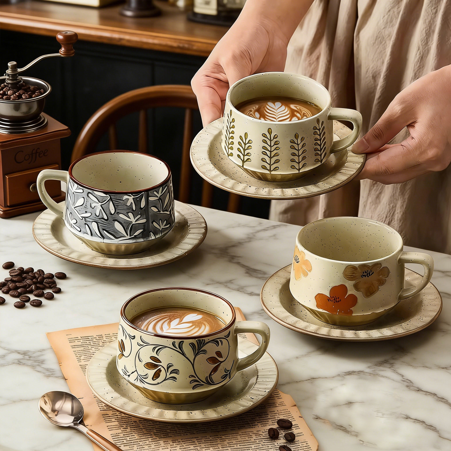 复古咖啡杯碟高档精致陶瓷拿铁拉花杯子创意粗陶高级感马克杯