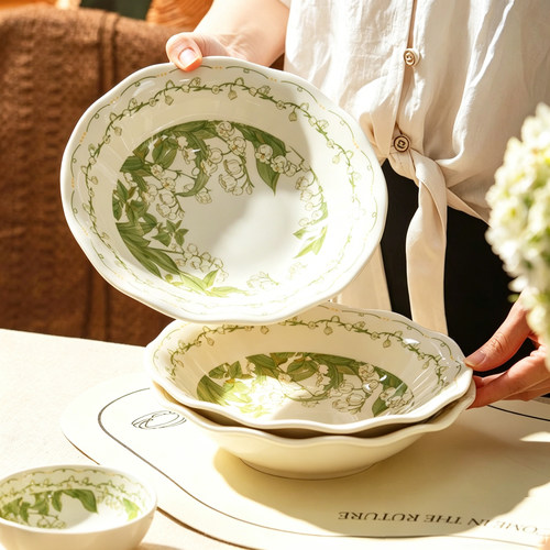 铃兰花盘子菜盘家用餐具陶瓷碗碟深盘2025新款高级感鱼盘汤盘