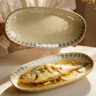 中古风陶瓷鱼盘家用2026新款不规则蒸鱼专用盘子高级感大号鱼碟子