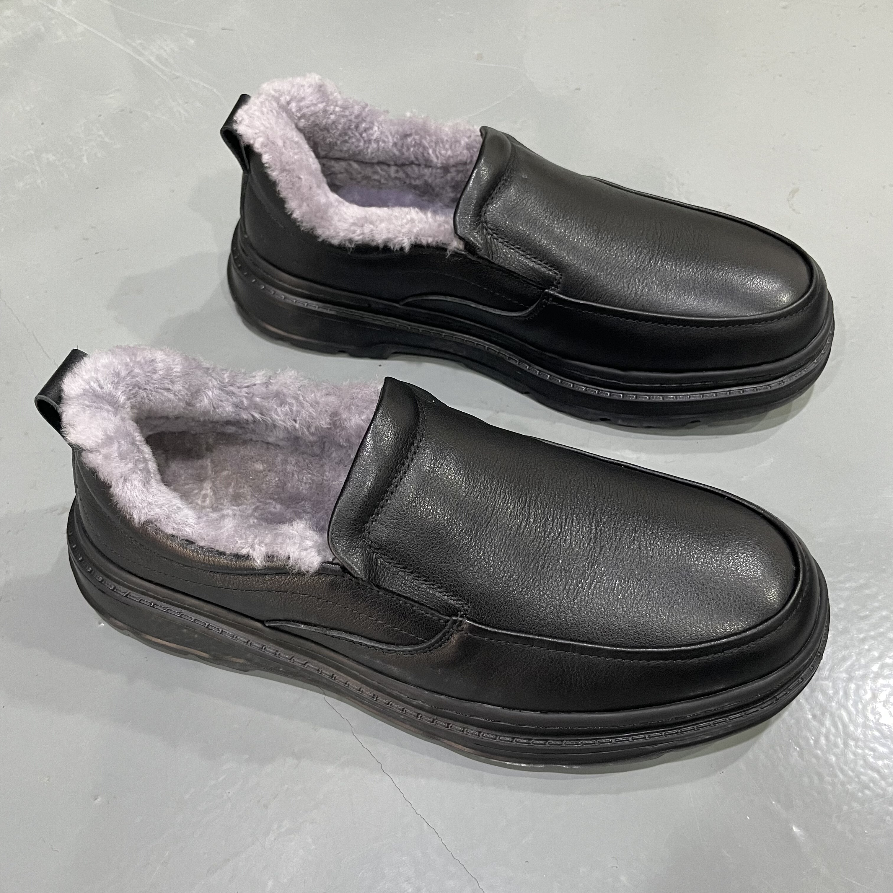 外贸新款冬季保暖加绒加厚一脚蹬防滑橡胶软底休闲舒适男款牛皮鞋