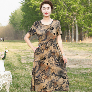 中老年印花妈妈连衣裙夏季加肥加大码中长款裙子奶奶棉绸遮肚花裙