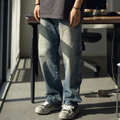 14OZ重磅泼墨蓝边赤耳复古做旧猫须破坏油污直筒牛仔裤 男cleanfit