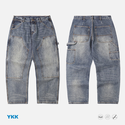 B01双膝伐木牛仔裤做旧cleanfit
