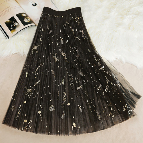 刺绣花黑色网纱半身长裙