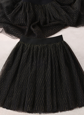 冬季亮丝网纱蓬蓬裙防走光短裙亮闪闪a字亮片百褶黑色纱裙半身裙