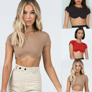 女夏装 欧美风时尚 露背露脐性感上衣修身 背心 2022新暴 短袖