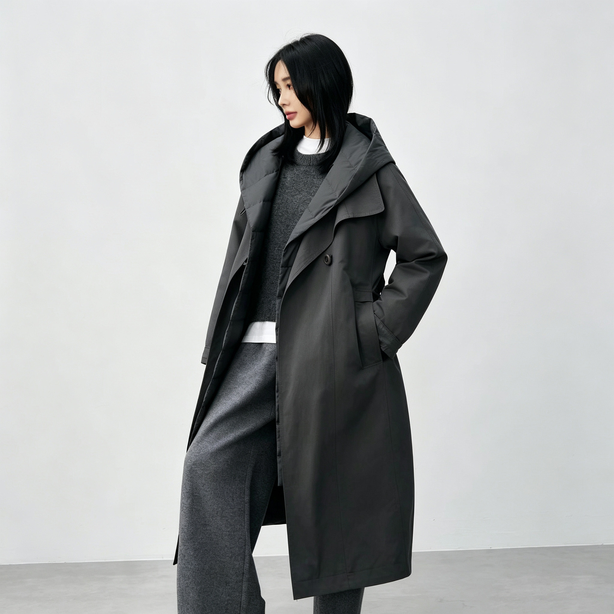 2026冬季风衣式连帽长款鹅绒羽绒服