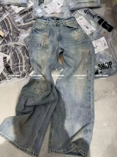 宽松韩系休闲高级轻奢泼漆涂鸦牛仔裤 百搭长裤 新款 2026春季