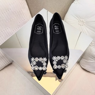 欧美法式R皇室风经典重工尖头水晶钻方扣丝绸缎平底高跟婚鞋单鞋