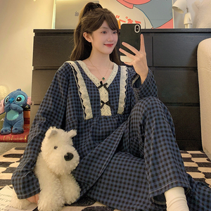 甜美格子睡衣女春秋季加肥加大码