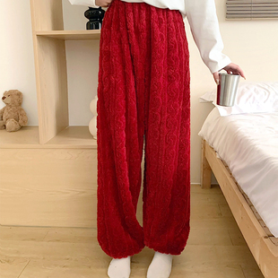 珊瑚绒睡裤女冬季大码200斤休闲红色长裤加厚法兰绒宽松男家居裤