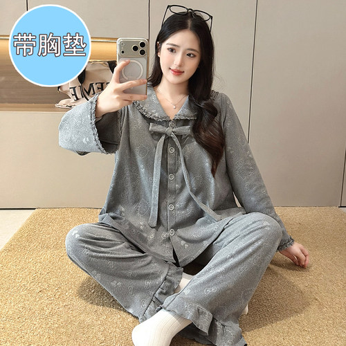 德绒睡衣女秋冬带胸垫甜美公主风加大码200斤休闲宽松保暖家居服