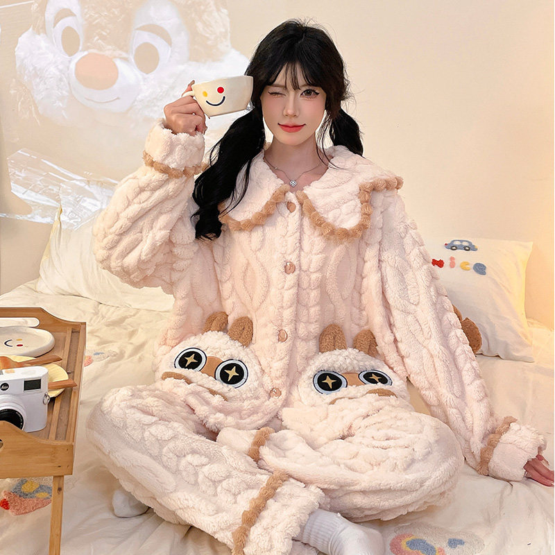 法兰绒睡衣女秋冬可爱拉布布加厚保暖珊瑚绒休闲开衫学生家居服冬