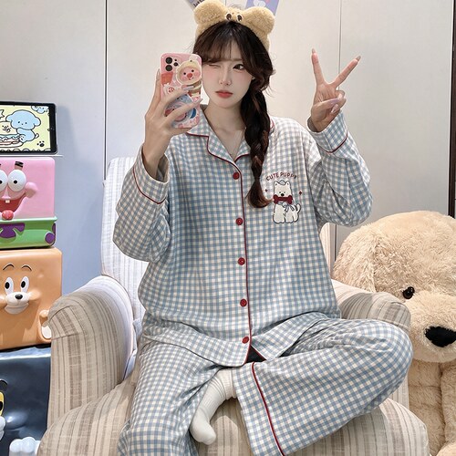 可爱格子睡衣女春秋款大码200斤纯棉清新学生长袖长裤开衫家居服