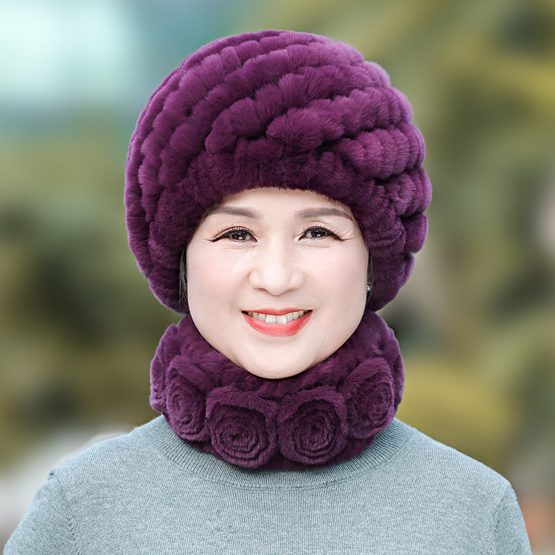 獭兔毛编织皮草帽子老人加厚保暖帽冬中老年奶奶帽妈妈围脖女冬天