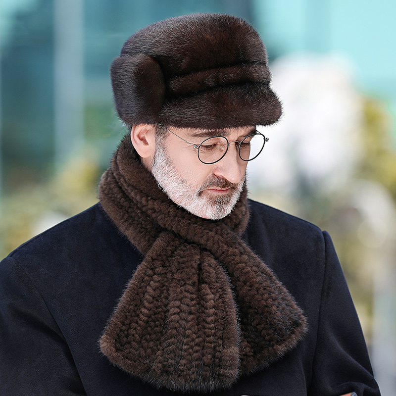 水貂毛皮草帽子中老年男士冬天整貂皮护耳保暖雷克鸭舌爸爸帽父亲