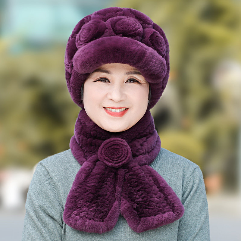 獭兔毛编织皮草帽子女冬老人护耳保暖鸭舌帽中老年妈妈帽奶奶围巾