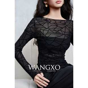 WANGXO｜重工弹力纱轻若无物｜立体植绒几何线条｜紧身透视上衣女