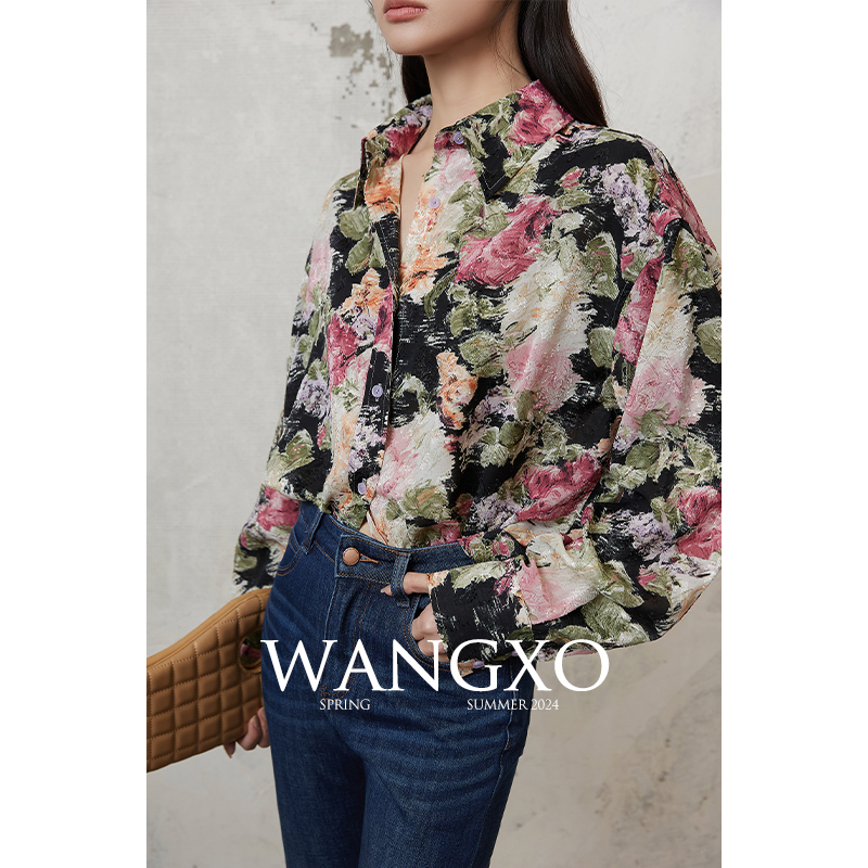 WANGXO｜乔其剪花肌理出众｜浓郁春日氛围｜宽松翻领长袖休闲衬衫 女装/女士精品 衬衫 原图主图