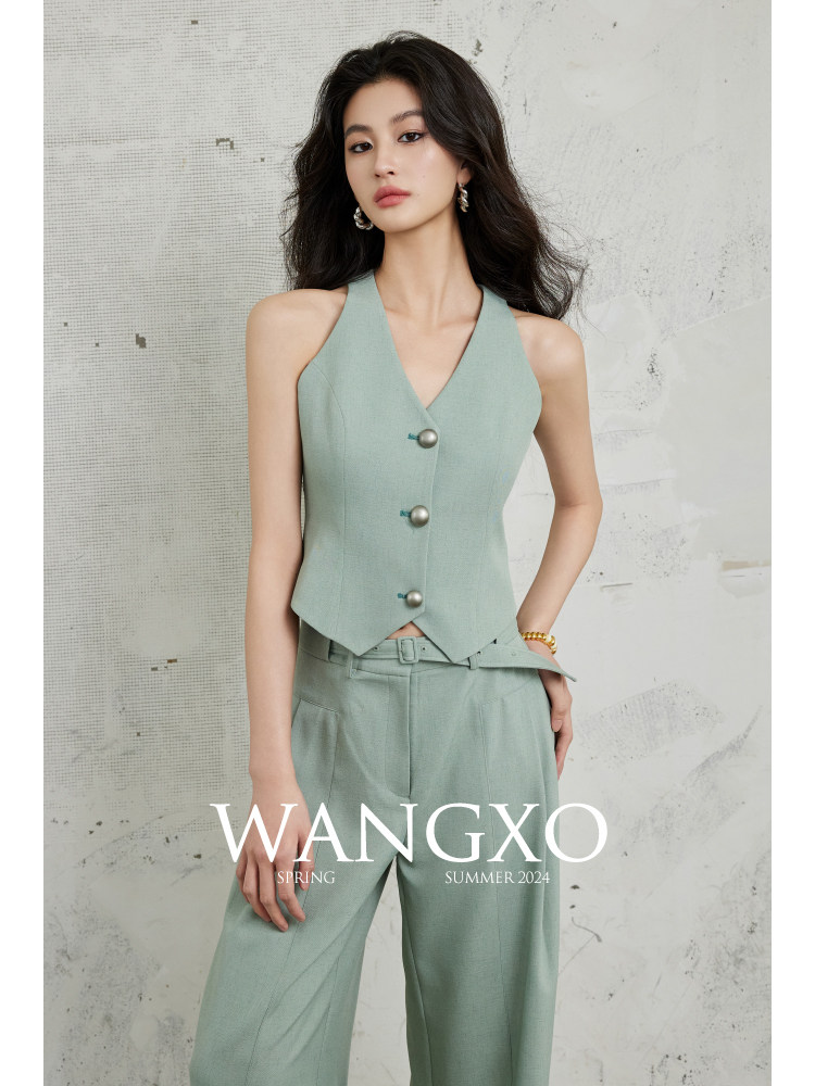 WANGXO | 패셔너블한 지적인 스타일 | 브이넥 웨이스트 베스트 & 벨트 달린 하이웨이스트 와이드팬츠 투피스