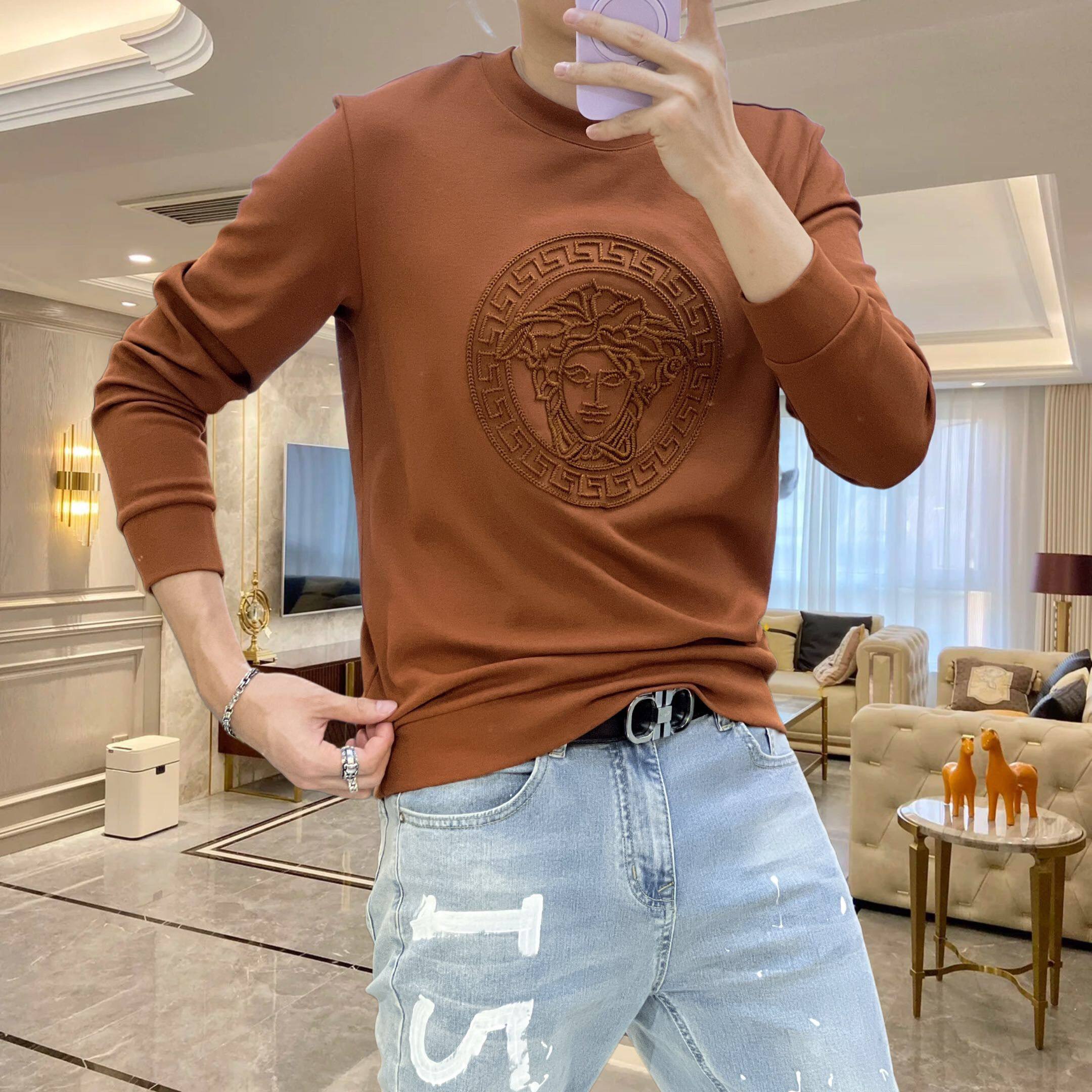 轻奢潮牌长袖青年美杜莎刺绣卫衣男圆领修身打底衫2025秋季新款潮