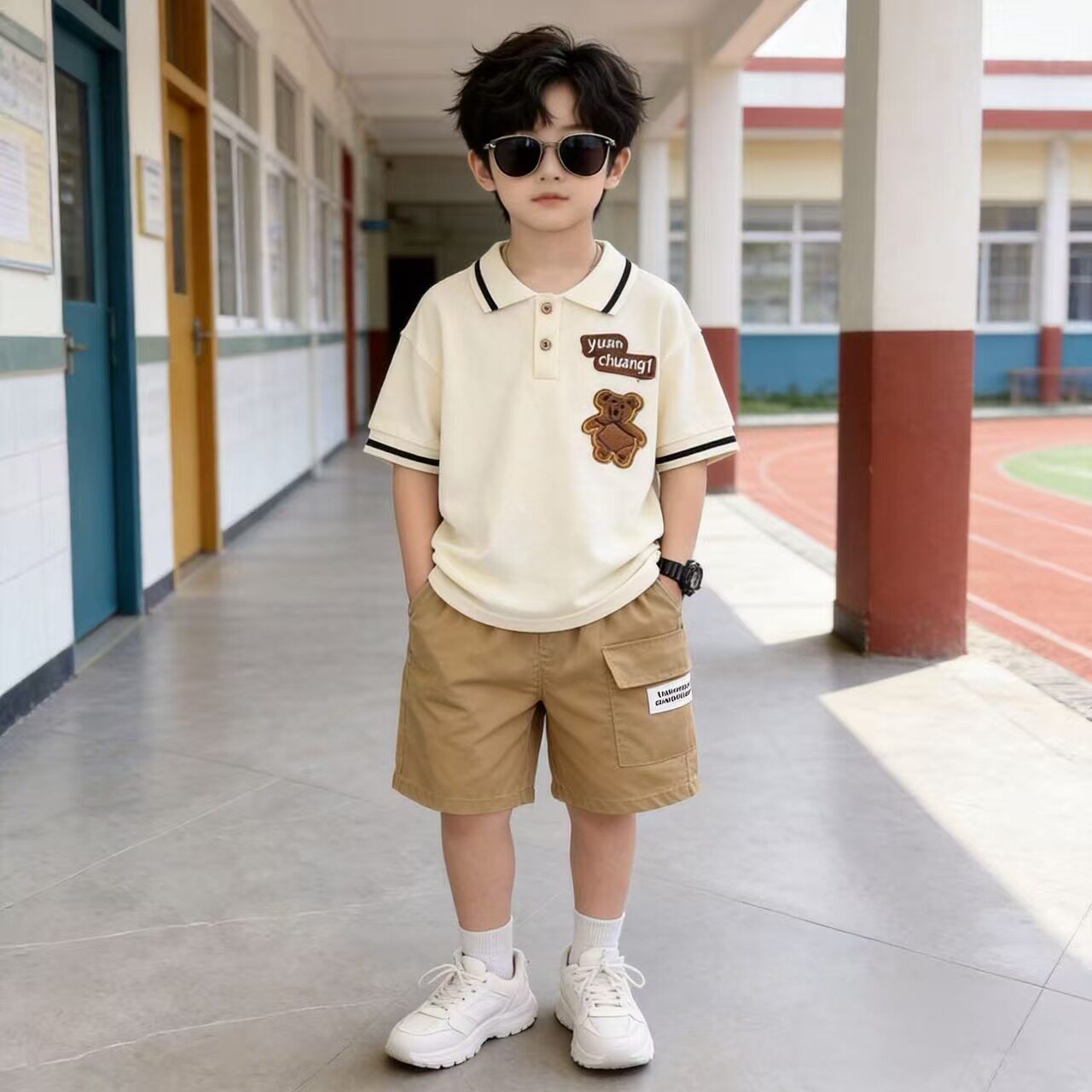 2026新款男童夏装小熊刺绣套儿童运动套装