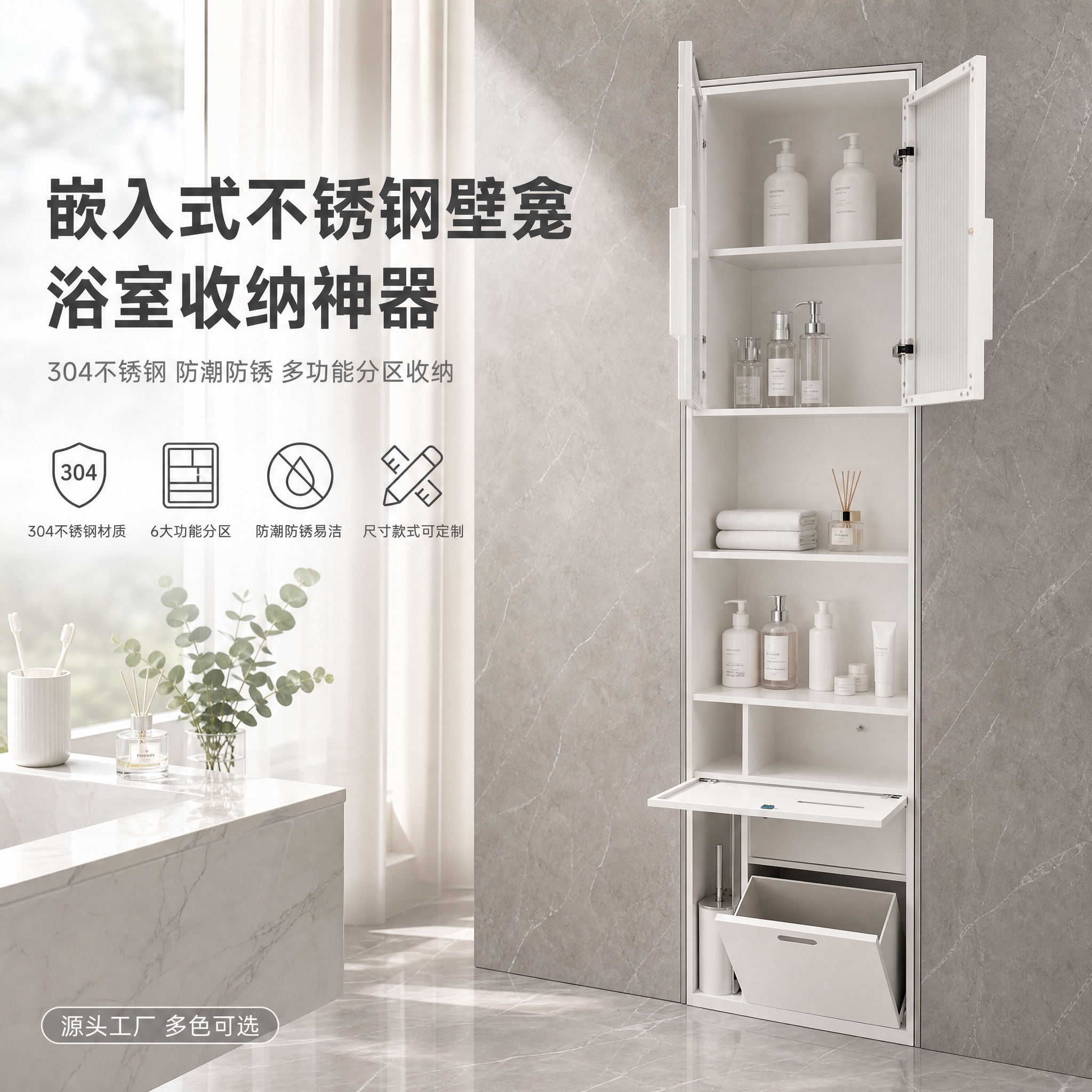 304不锈钢壁龛柜嵌入式垃圾桶浴室电视柜可定制隐藏式收纳置物架