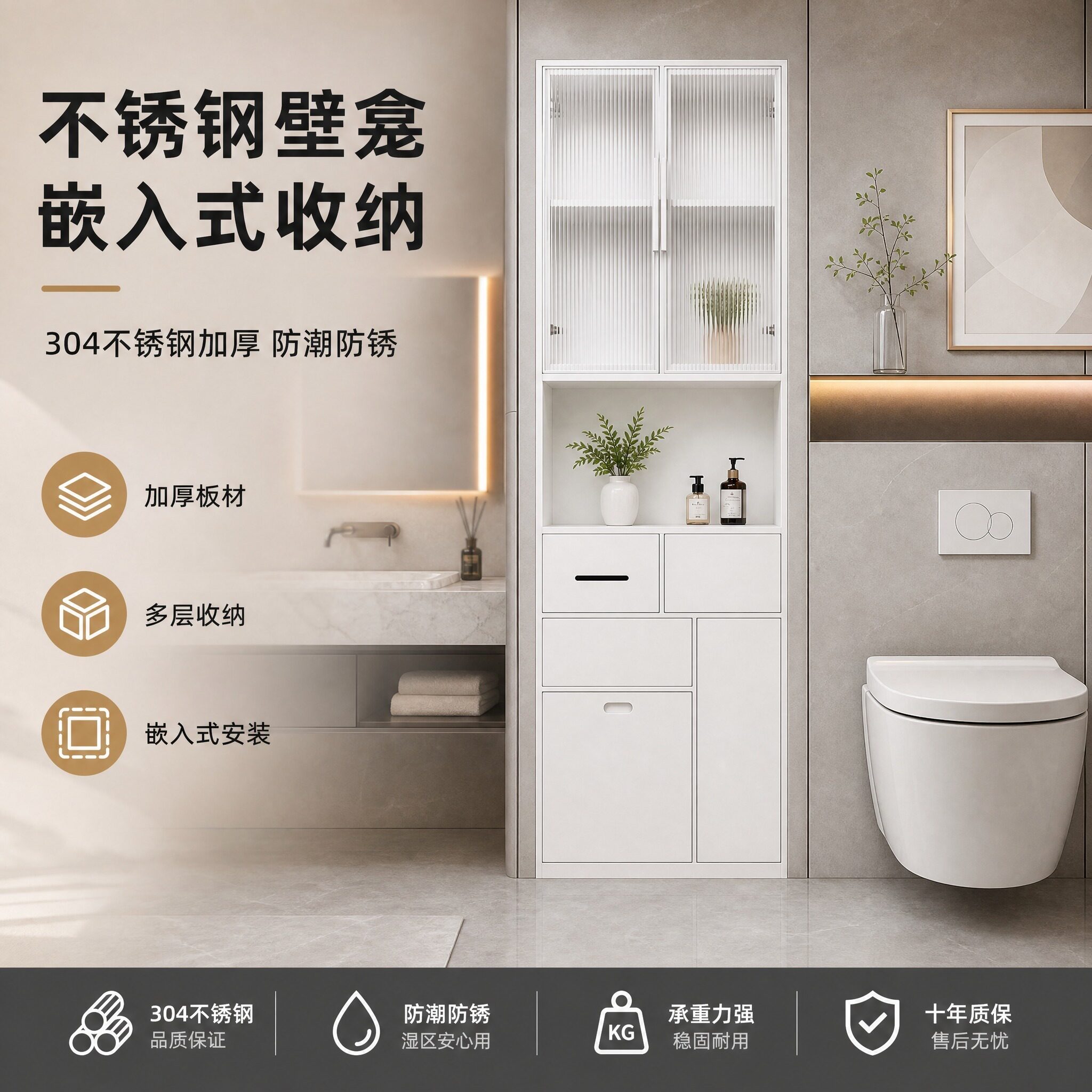不锈钢壁龛卫生间嵌入式花洒置物架金属304分层隔板定制浴室壁龛