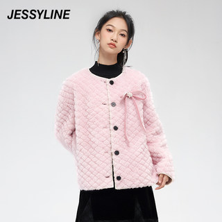 2折特卖款 jessyline杰茜莱女时尚浅粉色纯羊毛绒皮草外套女潮