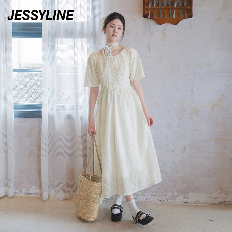 jessyline杰茜莱春夏新款白色收腰显瘦优雅法式度假少女风连衣裙